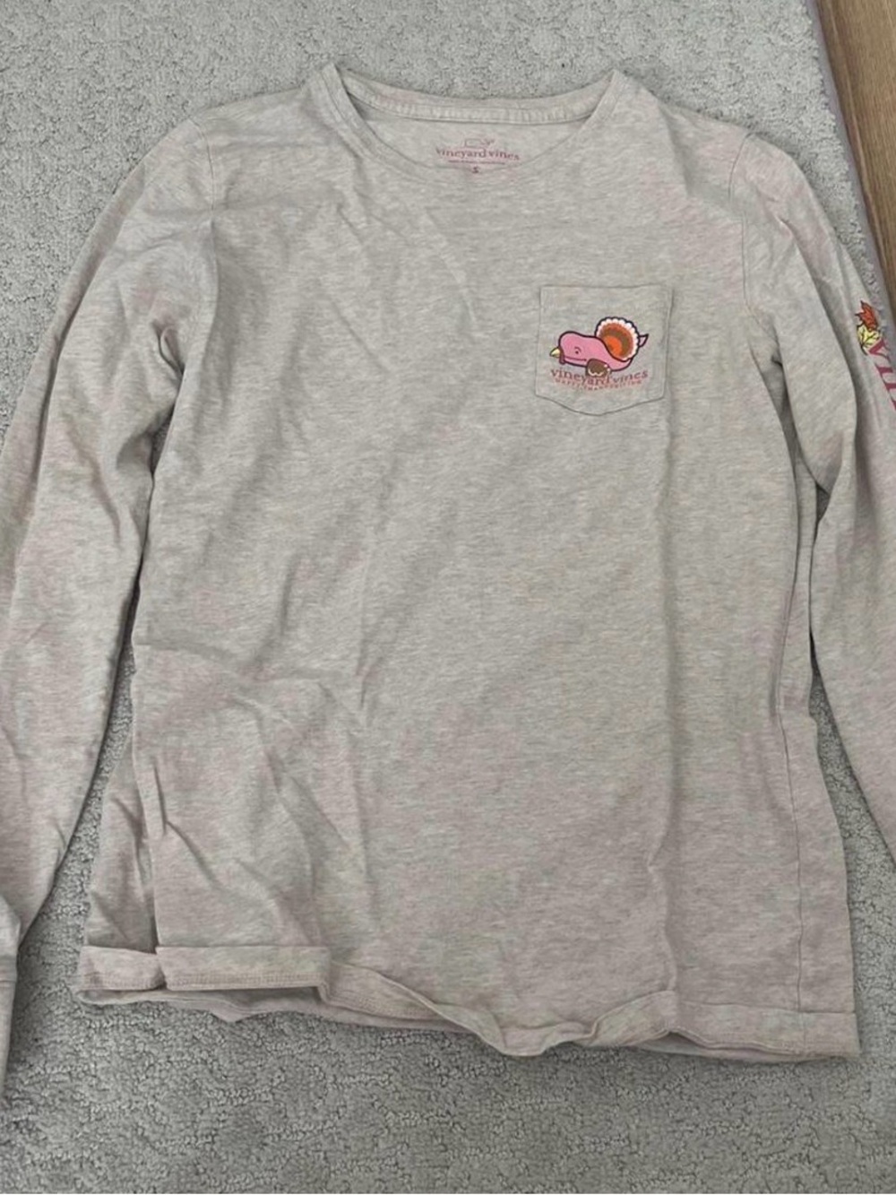 Vineyard Vines Women’s Sz S Long-Sleeve Pocket Tee Happy Thanksgiving Fall Leave